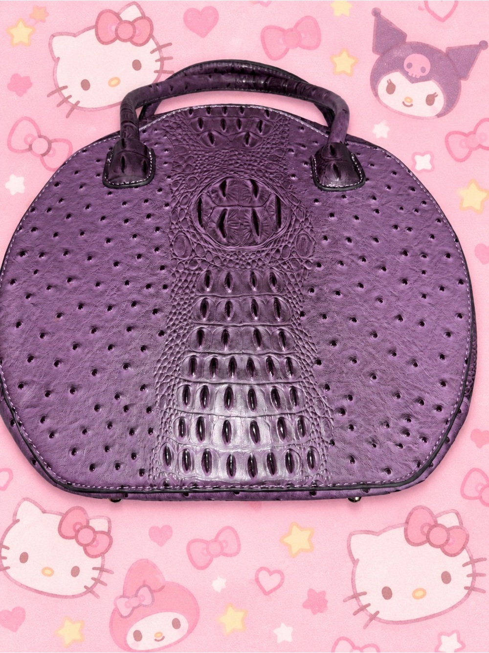 Purple Faux Ostrich & Croc Embossed Satchel Crossbody Handbag